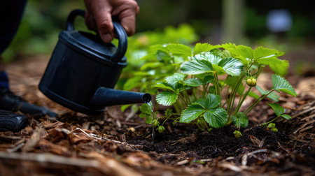 A dedicated gardener waters young strawberry plants in a lush organic garden. The close-up captures the vibrant green leaves and rich soil, emphasizing growth and nurturing.の素材