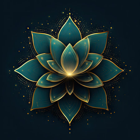 This stunning mandala features a lotus flower with golden accents set against a dark background, evoking peace and tranquility for wellness themes.の素材