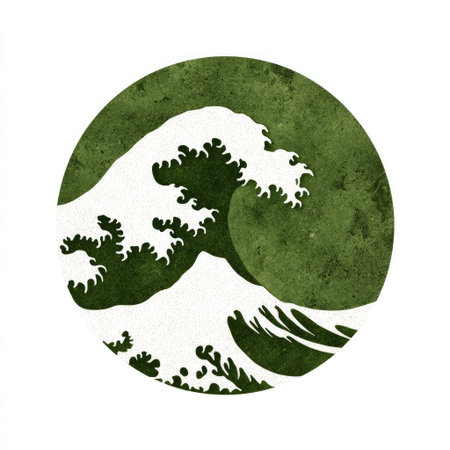 This artistic representation features ocean waves and a moon enclosed in a circle, emphasizing organic textures and a soothing green palette, ideal for serene themes.の素材