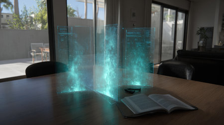 A modern living room showcases a holographic display of digital information and a book on the table, symbolizing innovation and knowledge in a cozy atmosphere.の素材