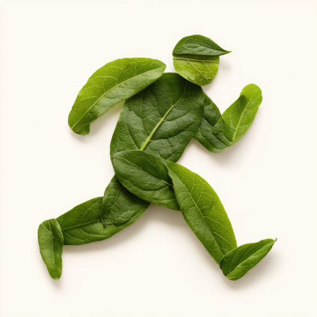 A creative representation of a runner formed from fresh green leaves, symbolizing health, fitness, and a connection to nature. Perfect for wellness-themed projects.の素材