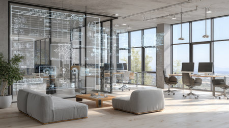 A spacious modern office interior featuring sleek furniture, glass walls, and digital displays. The bright space promotes creativity and productivity.の素材