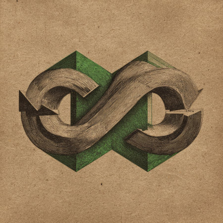 This abstract artwork features a unique design of continuous flow in green and brown, incorporating geometric shapes on a textured background.の素材