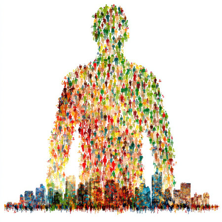 A striking silhouette of a human figure filled with colorful and diverse crowd elements symbolizes community, unity, and social interaction. This artwork represents the collective strength and creativity found in society.の素材
