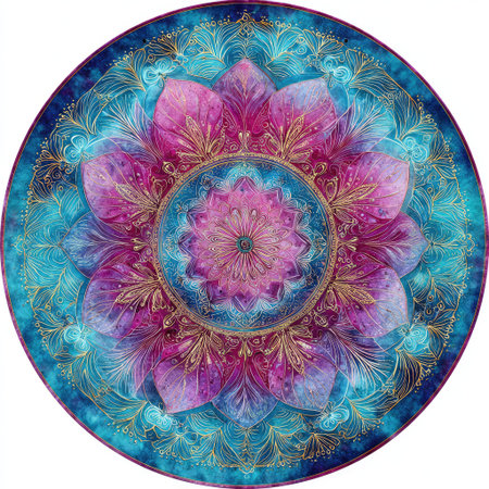 A stunning mandala featuring intricate pink and blue patterns, ideal for meditation spaces, relaxation therapies, and artistic decoration.の素材