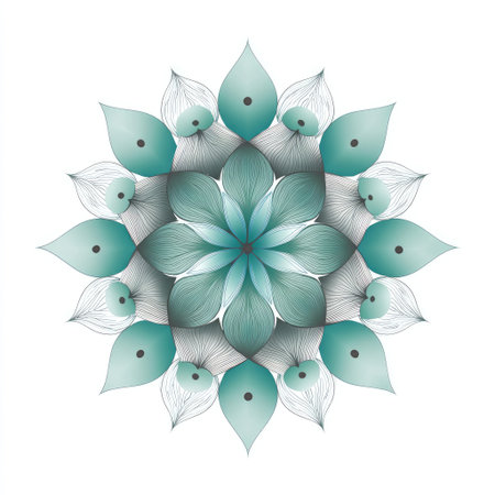 This elegant mandala design features intricate teal leaves and petals radiating in a calming arrangement, perfect for relaxation and meditation themes.の素材