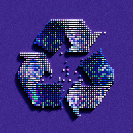 A vibrant pixelated recycling symbol created from colorful squares, set against a striking purple backdrop. This artwork symbolizes the importance of environmental awareness and sustainable practices.の素材
