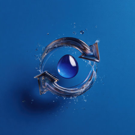 This striking image features a blue water drop encircled by arrows, symbolizing recycling and sustainability, set against a vibrant blue background.の素材