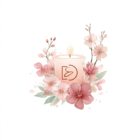 A beautiful pink candle nestled among delicate blossoms, offering a peaceful ambiance. Perfect for relaxation, home decor, gifts, or spa settings.の素材