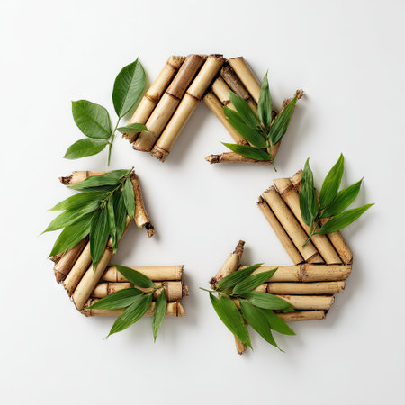 A unique recycling symbol crafted from bamboo sticks and green leaves, set against a clean white background, representing sustainability and eco-friendliness.の素材