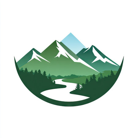 This artistic illustration features a serene mountain landscape with a winding river and lush pine trees in a circular design, perfect for nature lovers.の素材
