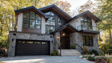 A modern house featuring a stunning stone facade and large windows, surrounded by lush greenery, showcasing a harmonious blend of luxury and nature.の素材