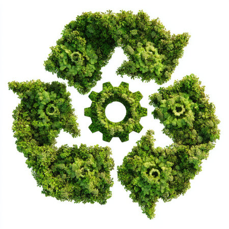 A vibrant green recycling symbol formed from lush plants and gears, illustrating the harmony between nature and technology in promoting sustainability and environmental conservation.の素材
