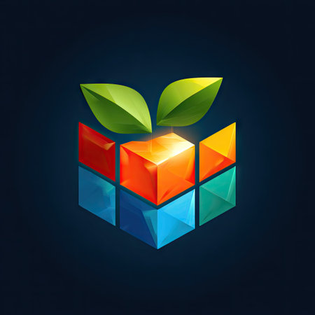 This modern graphic showcases colorful geometric shapes with green leaves, symbolizing growth and sustainability. Ideal for eco-conscious projects.の素材