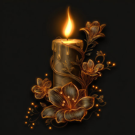 This artistic illustration features a glowing candle surrounded by delicate flowers, creating a warm and serene ambiance ideal for home decor.の素材