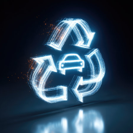 A glowing neon symbol of car recycling, featuring a bright, light effect on a dark background, emphasizing sustainability and eco-friendly technology.の素材