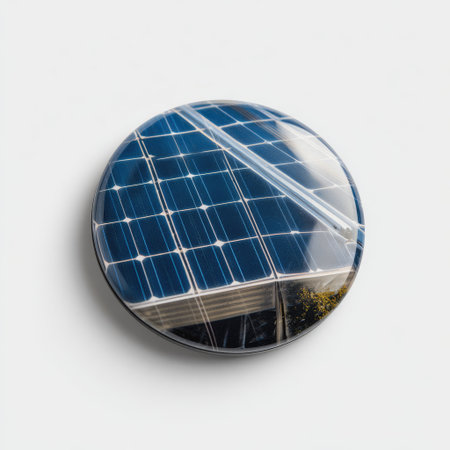 Close-up image of a modern solar panel, showcasing its glossy surface and intricate design elements. This image highlights the significance of renewable energy.の素材