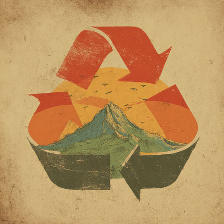 This artistic image creatively portrays recycling with vibrant colors, featuring a mountain landscape and a warm sunrise. It embodies themes of sustainability and environmental awareness.の素材