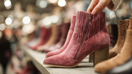 The image showcases a stunning pink suede ankle boot featuring fringe detail, displayed prominently in a chic retail setting, evoking modern fashion and style.の素材