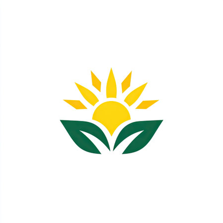 This vibrant image features a bright sun rising above stylized green leaves, symbolizing hope, renewal, and the connection with nature and growth.の素材