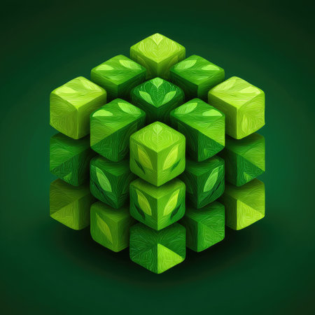 A captivating arrangement of green blocks showcases intricate leaf patterns, symbolizing nature and harmony. Ideal for eco-focused projects or modern designs.の素材