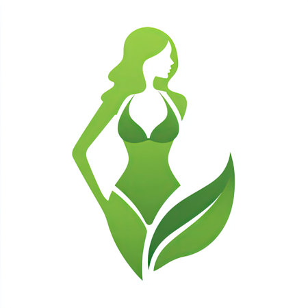 This image features a graceful silhouette of a woman in a green color scheme, symbolizing nature and wellness, embodying elegance and tranquility.の素材
