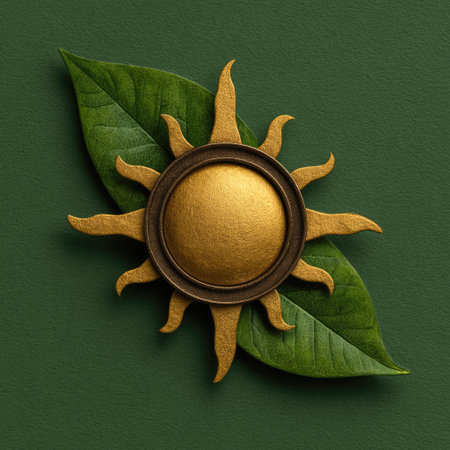 This artistic image features a golden sun design placed atop lush green leaves, creating a vibrant contrast on a textured background. The harmonious elements evoke feelings of warmth and creativity.の素材