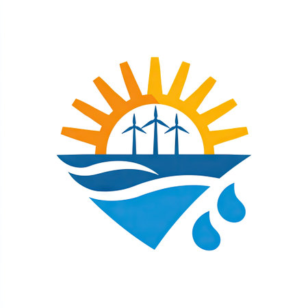 This vibrant logo features a bright sunrise behind wind turbines and flowing water, representing renewable energy's role in a sustainable future.の素材