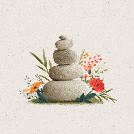 A peaceful composition featuring a stack of smooth stones ascending gracefully, surrounded by vibrant floral elements, ideal for themes of tranquility and wellness.の素材