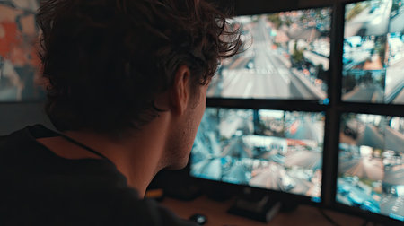A focused individual monitors multiple security camera feeds on large displays in a modern control room, showcasing surveillance technology and safety efforts.の素材