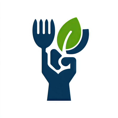This image features a hand holding a fork and a green leaf, representing the connection between sustainable agriculture and healthy eating choices.の素材