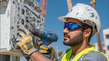 A diligent construction worker is focused on operating a power drill while wearing protective gear. Bright sunlight highlights the intricate details of the building site and the worker's commitment to safety and quality.の素材