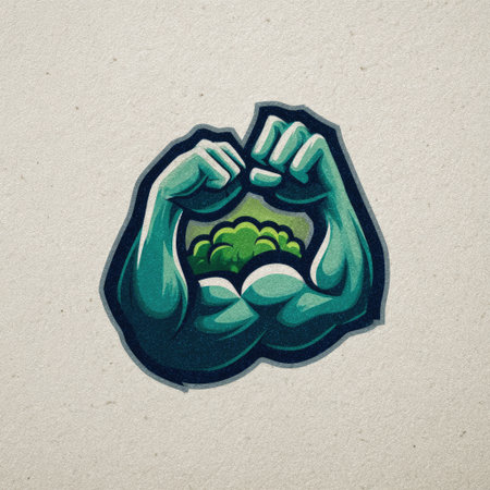 A striking illustration featuring muscular arms breaking through a textured background, radiating strength and vitality with vibrant green elements.の素材