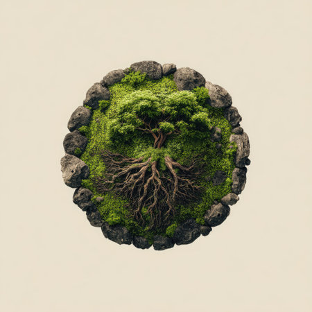 This captivating image showcases a miniature ecosystem, featuring a green tree with roots, surrounded by stones and lush moss, perfect for nature lovers.の素材