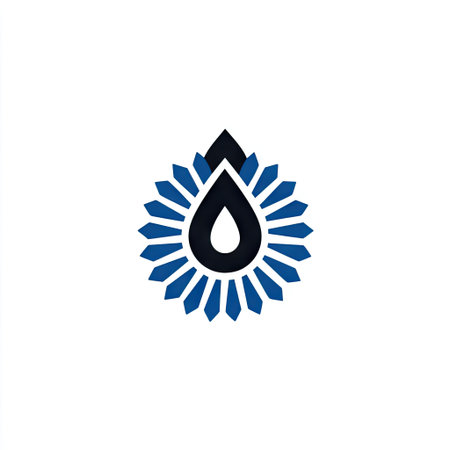 Eye-catching modern logo design featuring a stylized droplet surrounded by dynamic sun rays in blue and black. Ideal for branding and identity.の素材