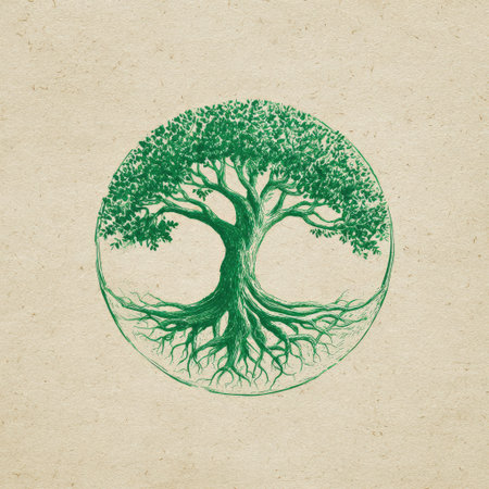 A harmonious green tree illustrated within a circular design, featuring intricate roots, perfect for representing nature, eco-friendliness, and sustainability themes.の素材