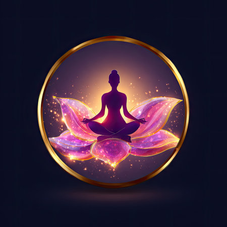 A stunning artwork featuring a serene meditation figure silhouetted against a luminous lotus flower, surrounded by sparkling effects and an elegant gold ring.の素材