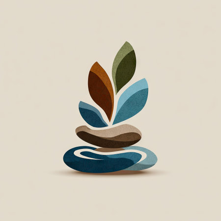 An artistic representation of harmony in nature featuring colorful leaves and smooth pebbles, embodying tranquility and balance in design.の素材