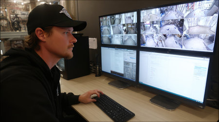A dedicated security professional monitors multiple surveillance camera feeds in a control room, emphasizing focus and diligence in ensuring safety and protection.の素材