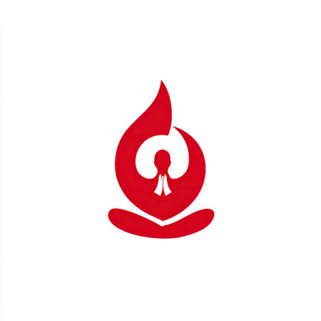 This abstract logo features a red flame intertwined with a yoga pose silhouette, symbolizing relaxation, peace, and spiritual wellness in a modern design.の素材