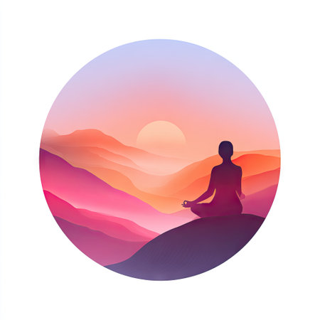 A stunning digital illustration depicting a meditative silhouette sitting on a hill, embodying peace against a breathtaking sunset and soft mountains.の素材
