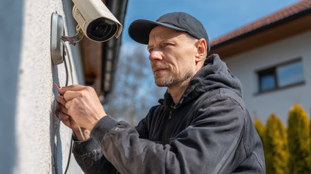 A technician focused on installing a security camera outside a residential building, ensuring optimal positioning for effective surveillance and safety.の素材