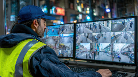 A security personnel focuses intently on surveillance feeds from multiple screens, observing the bustling urban environment at night for safety and security.の素材