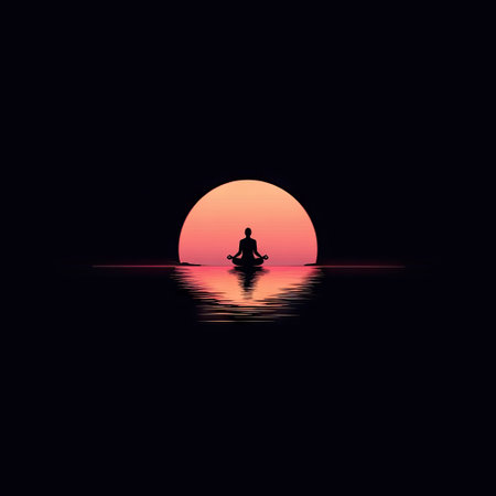 This serene image features a meditating figure sitting calmly against a vibrant sunset. The soothing colors and reflections on the water create a peaceful atmosphere, inviting contemplation and relaxation.の素材