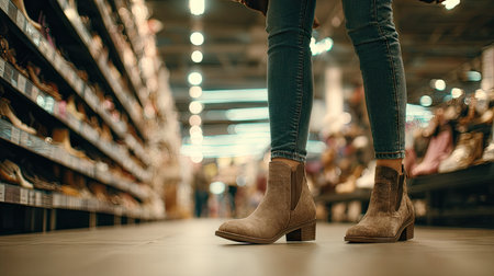 A woman stands in a fashionable shoe store, showcasing stylish brown ankle boots. The modern retail space is filled with numerous footwear options, inviting shoppers.の素材
