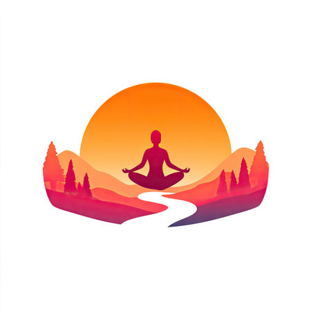A stunning graphic design depicting a serene meditation scene with a vibrant sunset, peaceful landscape, and a tranquil pathway inviting mindfulness and relaxation.の素材