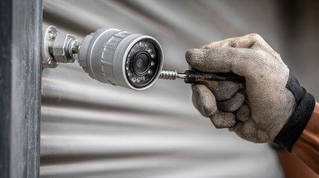 A technician is seen installing a security camera on a wall, showcasing the intricate detail of the tool and gloved hand, reflecting the importance of surveillance.の素材