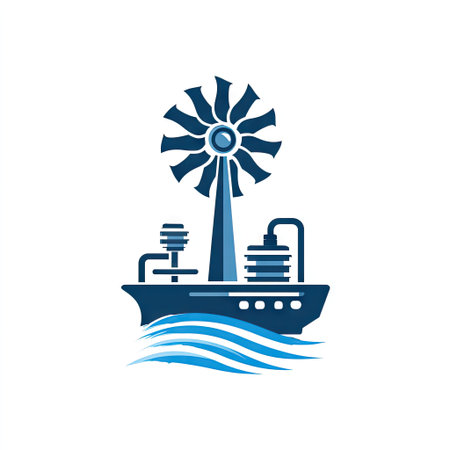 An artistic representation of a ship with a wind turbine on water, symbolizing the fusion of maritime transport and renewable energy solutions.の素材