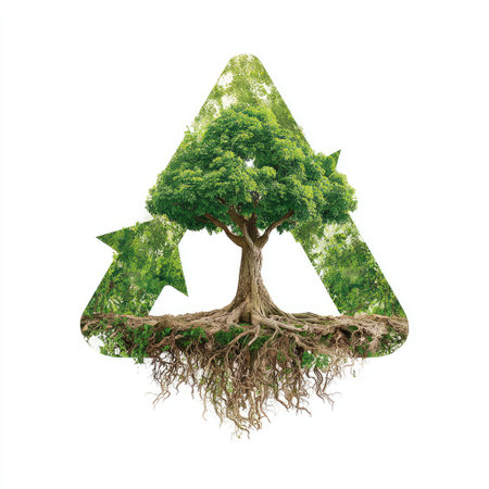 A stunning visual featuring a tree with vibrant green leaves and strong roots intertwined with a recycling symbol, representing nature conservation and sustainability.の素材