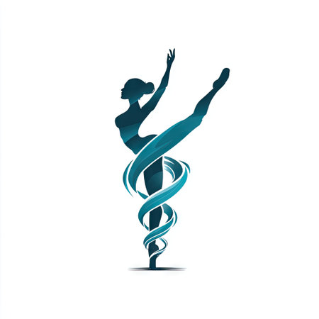 An elegant silhouette of a dancer captures the essence of movement and grace, surrounded by flowing ribbons symbolizing artistic expression in dance.の素材